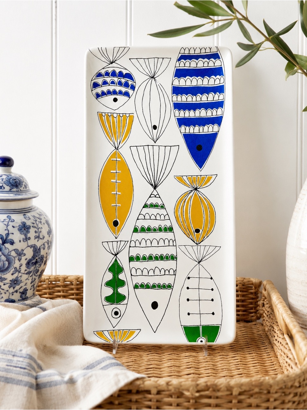 West Elm Fiona Howard Lino-Print Fish Motif Ceramic Tray in Blue, Yellow, Green